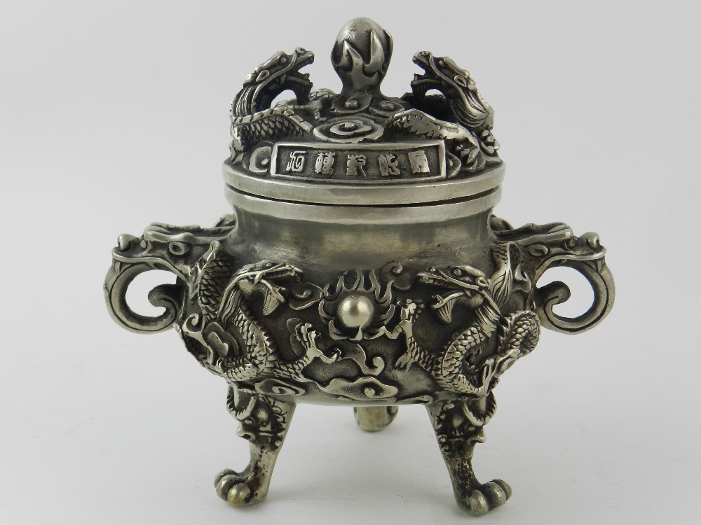 A Chinese white metal incense burner, de