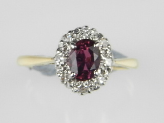 A yellow and white metal set ruby and diamond cluster ring, the shank stamped 18ct, PLAT.