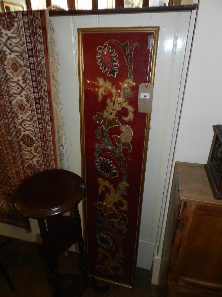 Eastern embroidered panel, with scrolling foliate design. H: 28cm W: 137cm