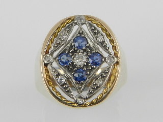 An unusual yellow and white metal diamond and sapphire set dress ring in the late George III