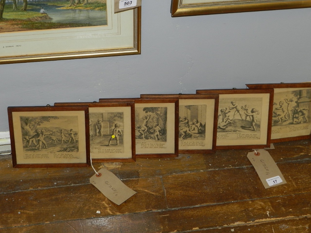 A series of six 19th century French allegorical copper plate engravings, decorated with cherubs at