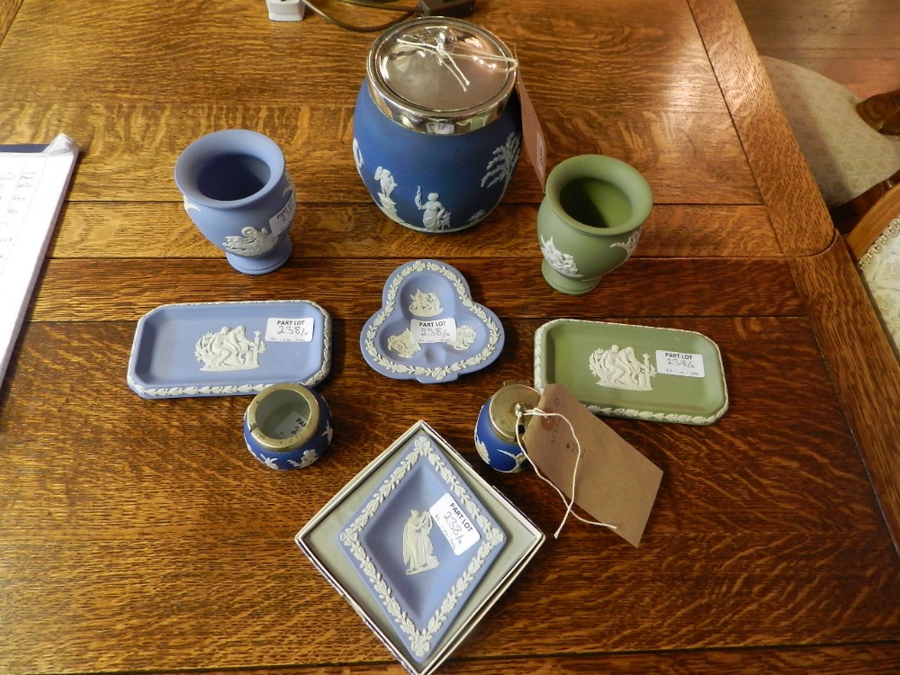 A Wedgwood blue jasperware vase, a pin tray, a mustard pot, a biscuit barrel, an ashtray, a salt,