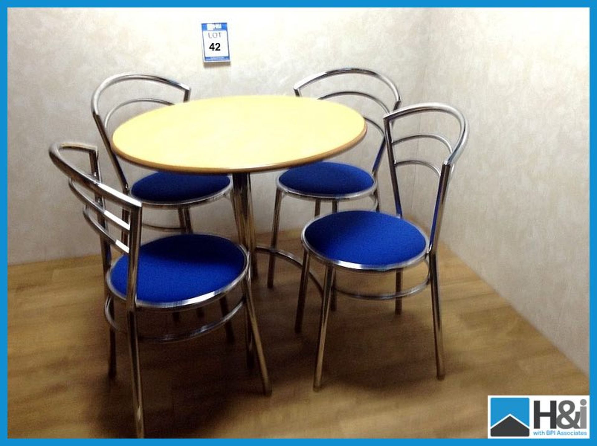 Modern design Wooden top table and 4 Champagne blue and stainless steel chairs Appraisal: Good