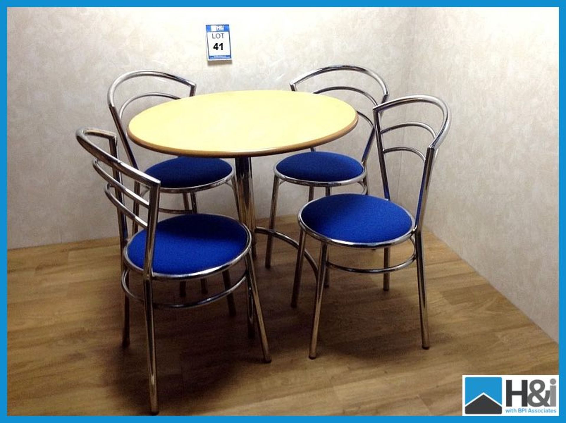 Modern design Wooden top table and 4 Champagne blue and stainless steel chairs Appraisal: Good