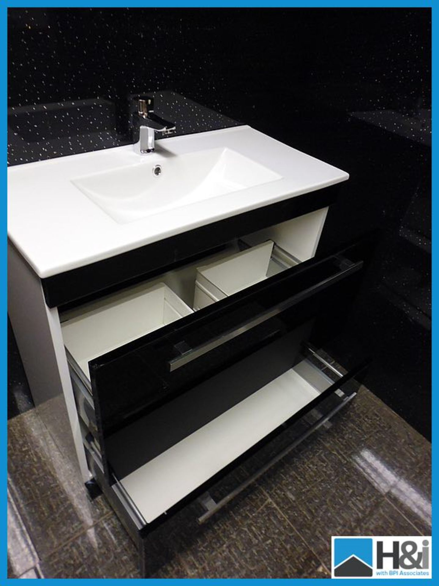 Designer Gloss Black Floor Mounted Vanity Unit with Stunning Ceramic Wash Basin, Chrome Mason Mono - Image 3 of 3