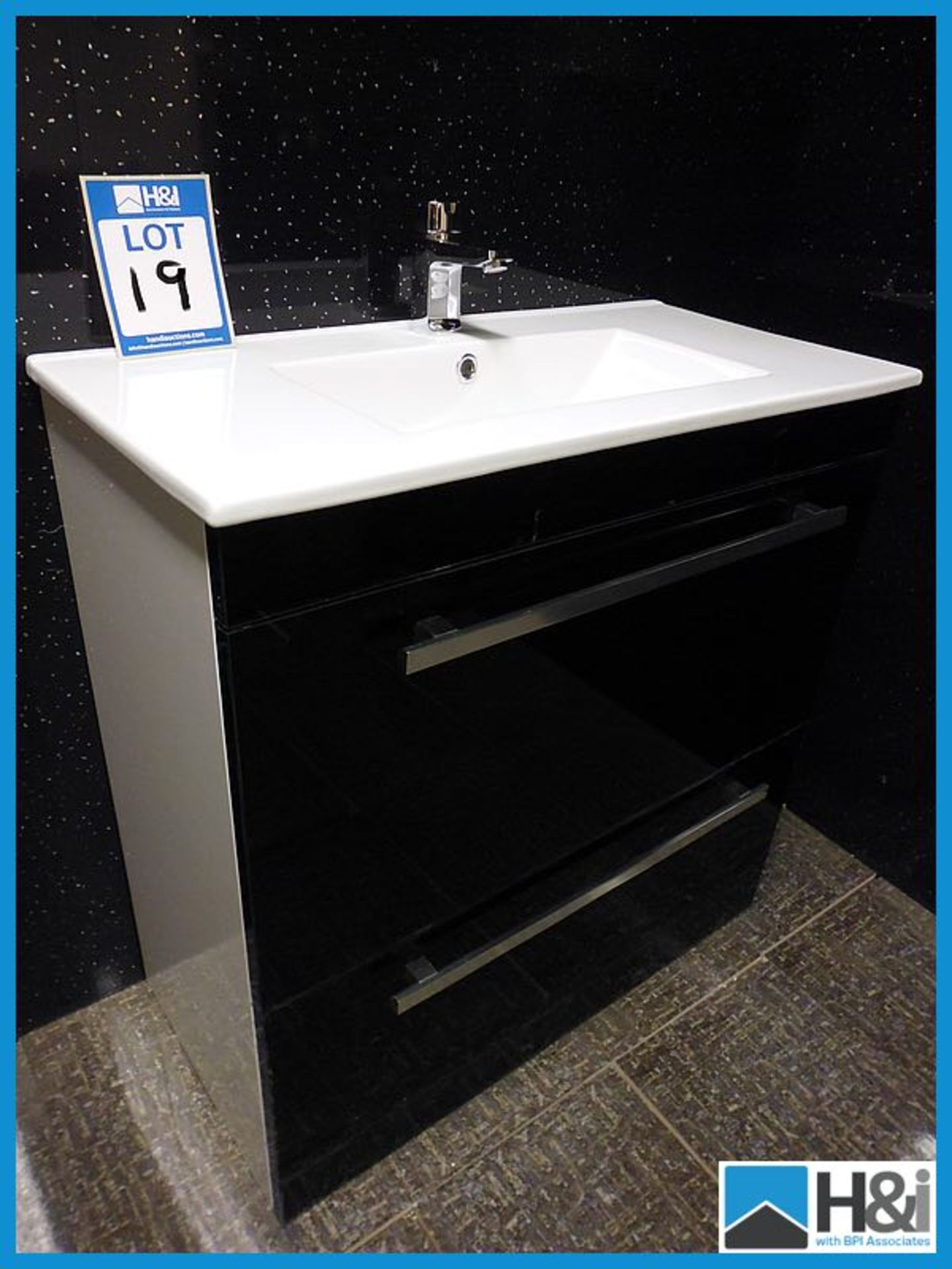 Designer Gloss Black Floor Mounted Vanity Unit with Stunning Ceramic Wash Basin, Chrome Mason Mono