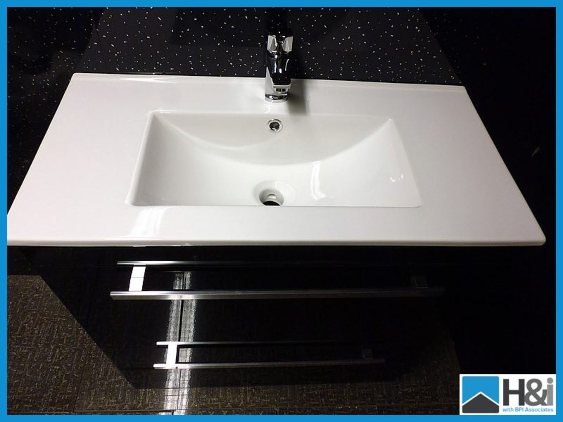 Designer Gloss Black Floor Mounted Vanity Unit with Stunning Ceramic Wash Basin, Chrome Mason Mono - Image 2 of 3