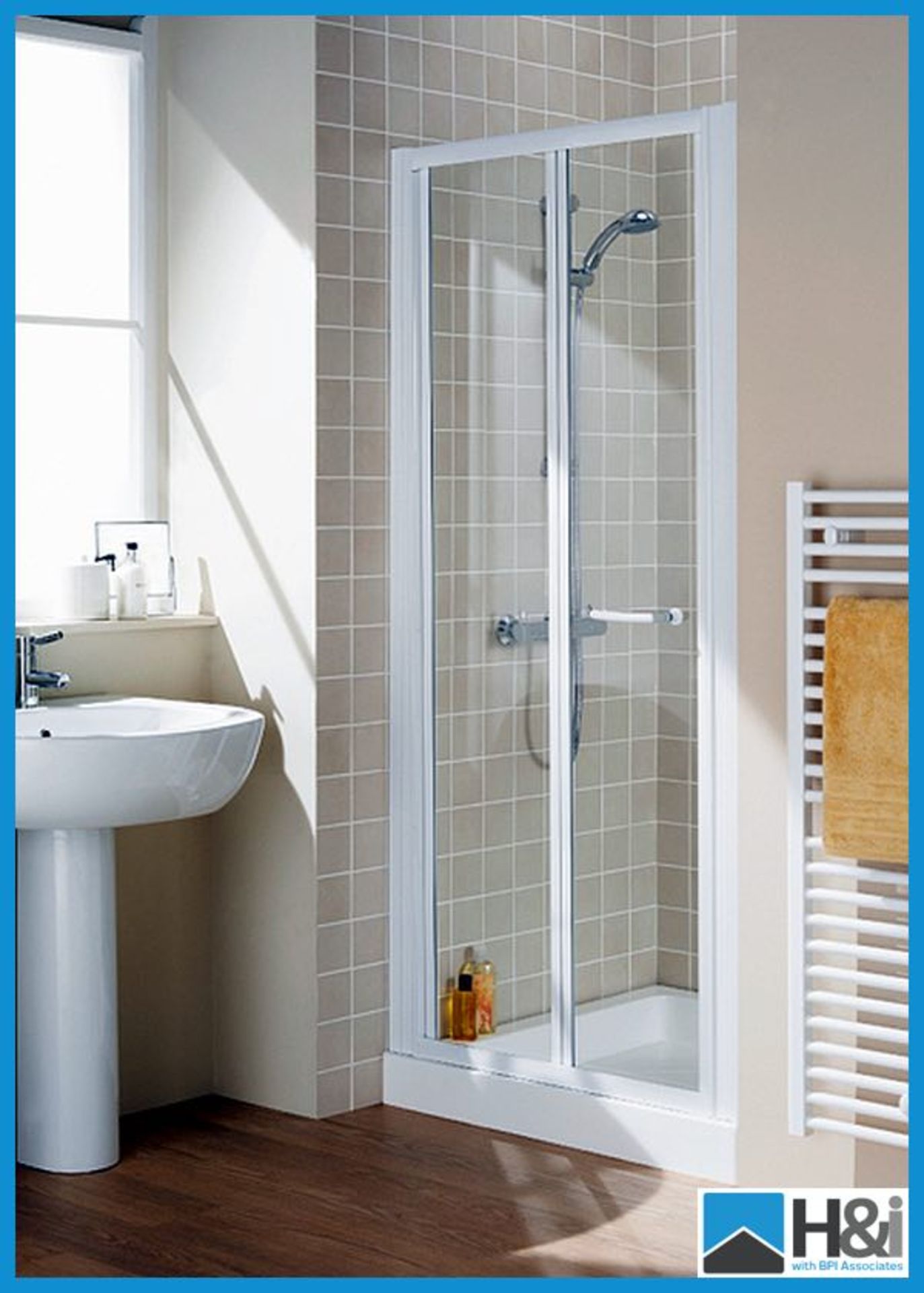 Designer Manhattan M2 Broadway 900mm x 1830mm White Bi-Fold Shower Door. Typical RRP 410