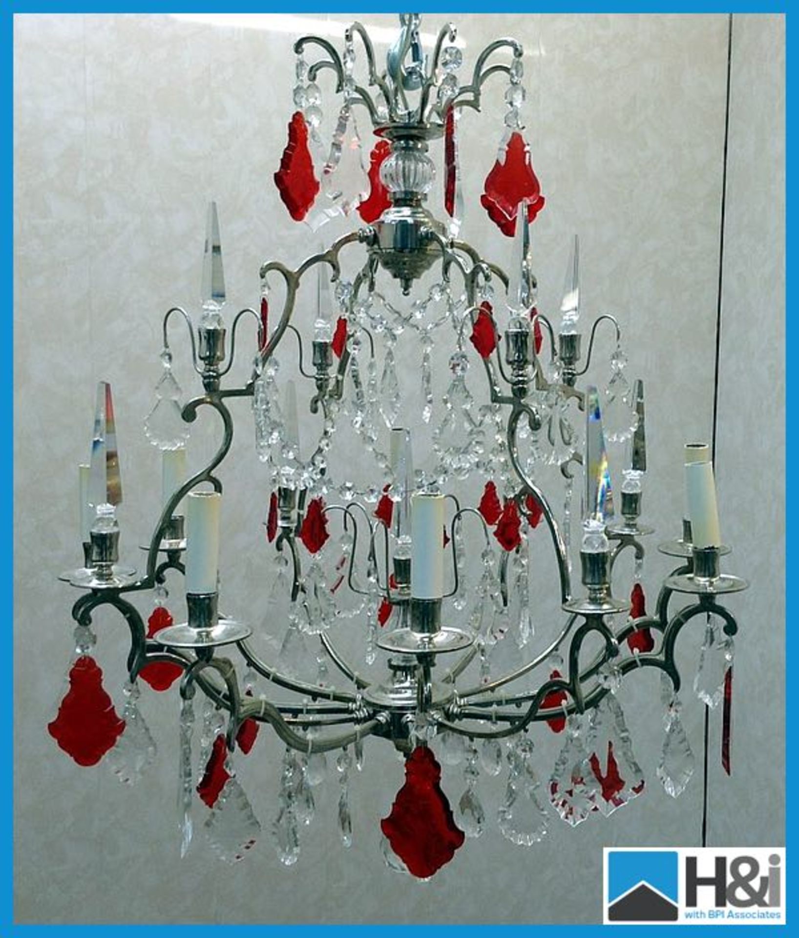 CRY408 8 light Chandelier in Nickel framework with Clear & Red small medium and large Crystal