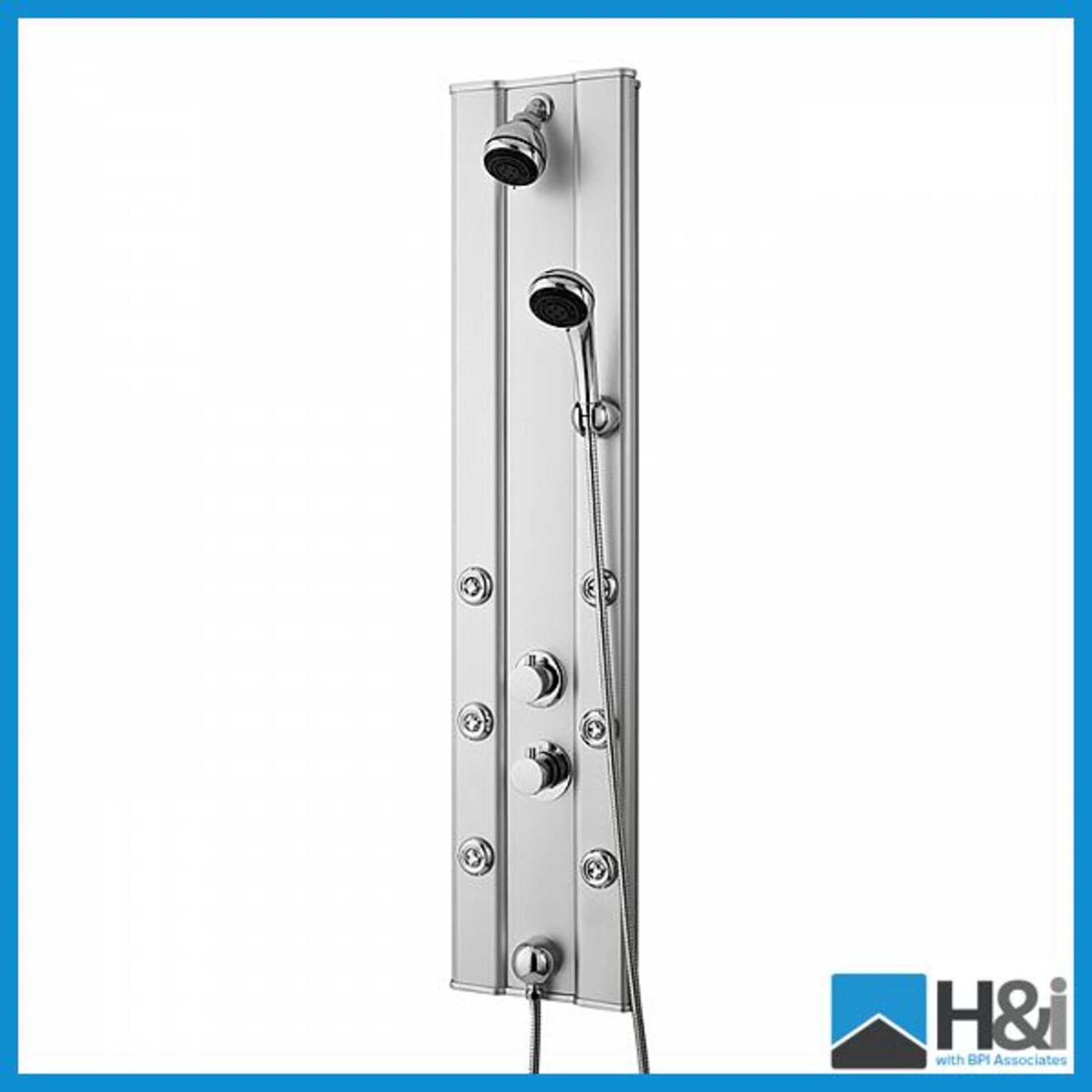 Designer integrated thermostatic shower valve with swivel fixed head, 6 body jets and handset.