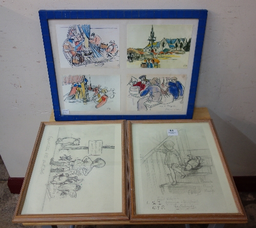 A framed collection of four French postcard prints and two other prints