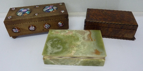 A musical box, an onyx box and a walnut cigarette box