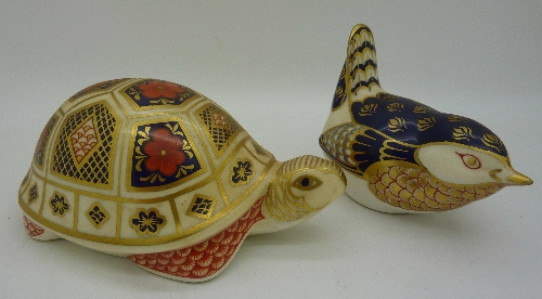 Two Royal Crown Derby paperweights, turtle and wren