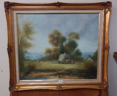 D. Long, gathering hay, oil on canvas, framed