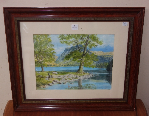 J. Lowe, river landscape with sheep, watercolour and gouache, framed