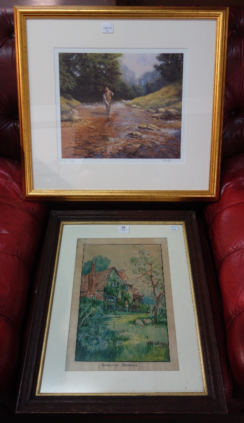 A landscape watercolour and a limited edition Frank Wright angling print, framed