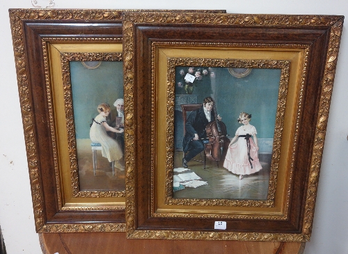 A pair of prints, music lessons, simulated walnut and gilt gesso frames