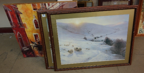 A pair of J. Farqharson winter landscape prints and a Venetian landscape print