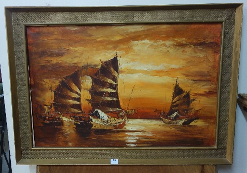 A 20th Century continental oil, Chinese junks at sunset, framed