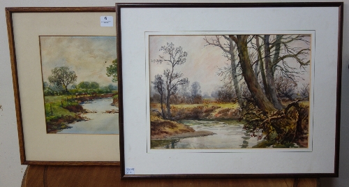 Two river landscapes, watercolours, both framed