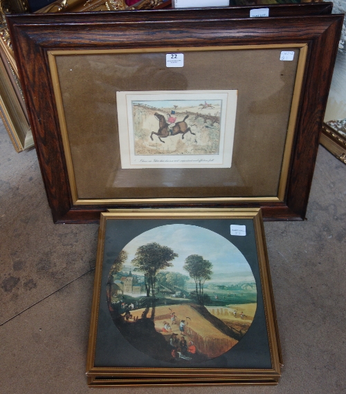 A pair of humorous hunting engravings and a set of three Jodocus De Momper prints