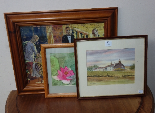 S. Crabtree, cottage landscape, Jean Brown, still life, both watercolours and one other