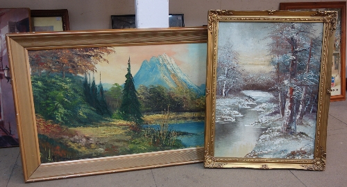 Two river landscape oil paintings, framed