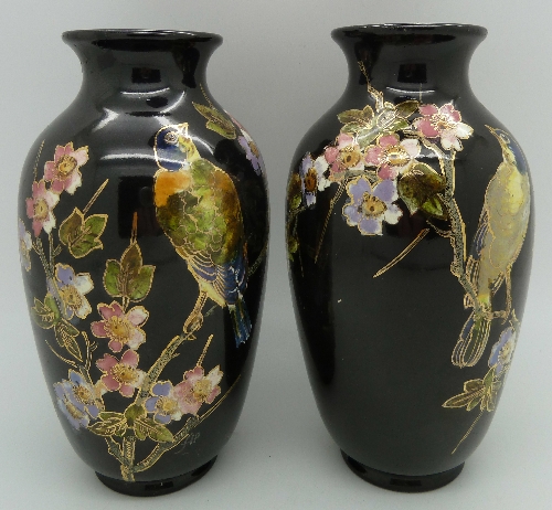 A pair of Bretby vases decorated with birds and flowers, one vase a/f, height 17.5cm