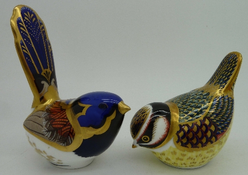 Two Royal Crown Derby paperweights, Blue Tit with silver stopper and Fairy Wren with gold stopper