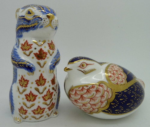 Two Royal Crown Derby paperweights, Chipmunk with silver stopper and Quail