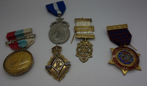 Four silver Masonic medals and one silver mounted