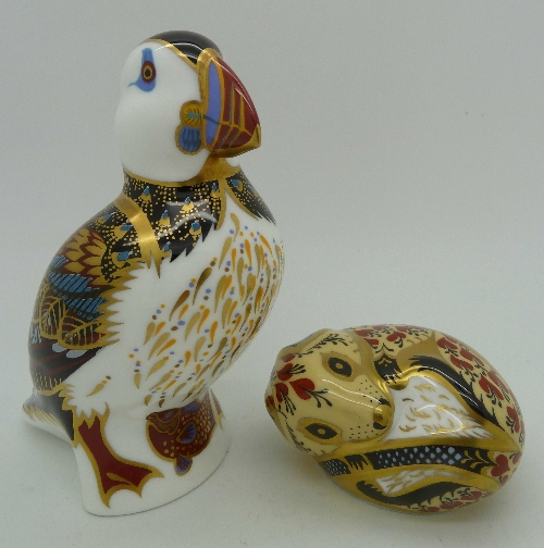 Two Royal Crown Derby paperweights, Puffin with silver stopper and Country Mouse with gold stopper