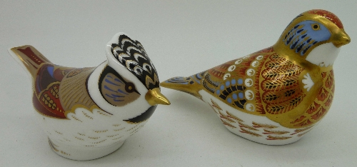 Two Royal Crown Derby paperweights, Linnet and Crested Tit, both with gold stopper