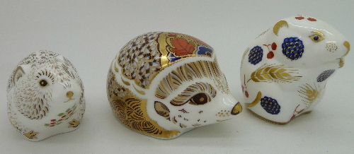 Three Royal Crown Derby paperweights, Hawthorn, River Bank Vole and Harvest Mouse