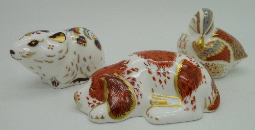 Three Royal Crown Derby paperweights, Spaniel Puppy, Bank Vole and Teal Duckling, all with gold