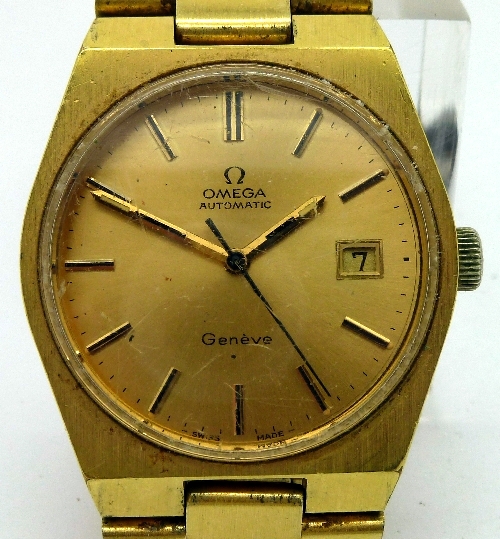 A gentleman`s plated Omega Geneve automatic wristwatch, the circular gold dial with raised hour