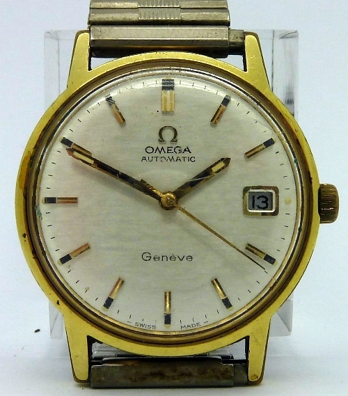 A gentleman`s gold plated Omega Geneve automatic wristwatch, the circular silver dial with raised