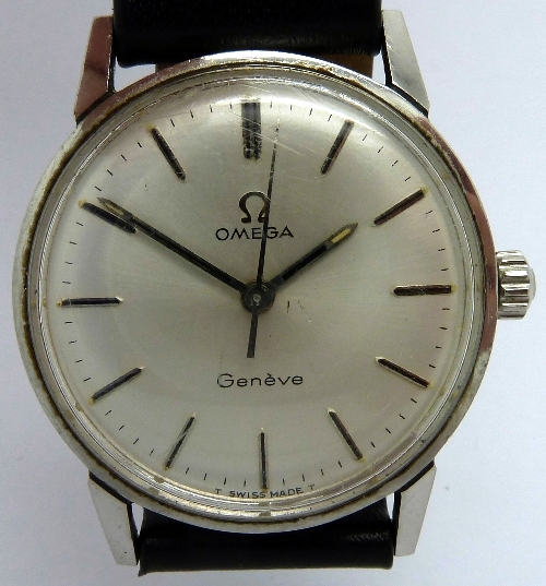 A gentleman`s stainless steel Omega Geneve manual wind wristwatch, the circular silver dial with