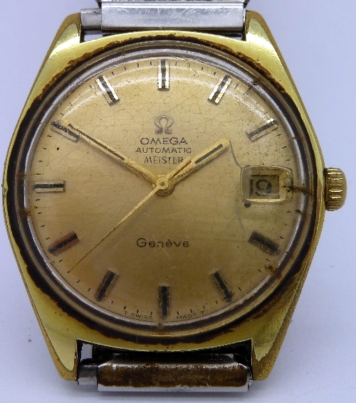 A gentleman`s gold plated Omega Geneve Meister automatic wristwatch, the circular gold dial with