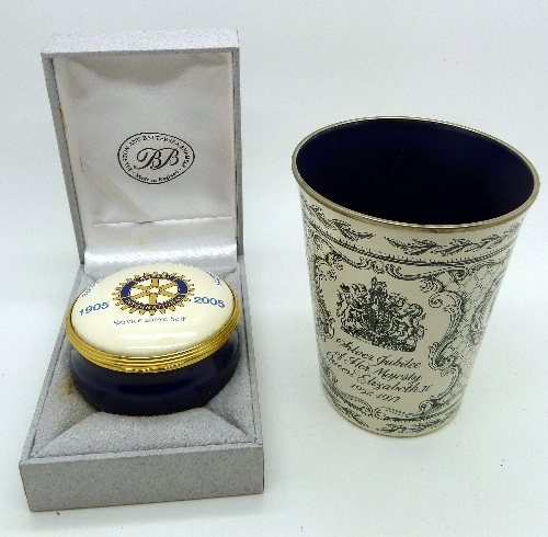 A Bilston enamel commemorative beaker, 1977 Silver Jubilee and a lidded pot, Rotary Club 1905-