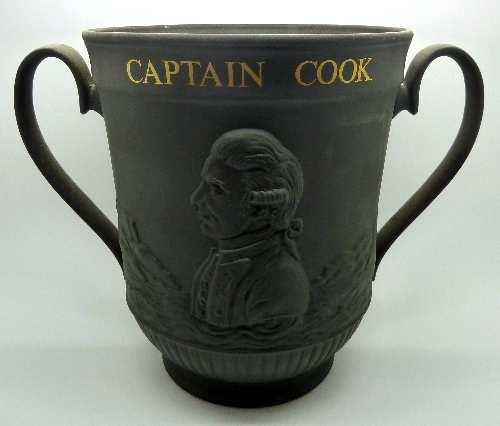 A Royal Doulton Capt. Cook loving mug, black basalt, no. 296, height 21cm