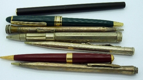 Two silver pencils, including Yard-O-Led, three other pencils and two pens