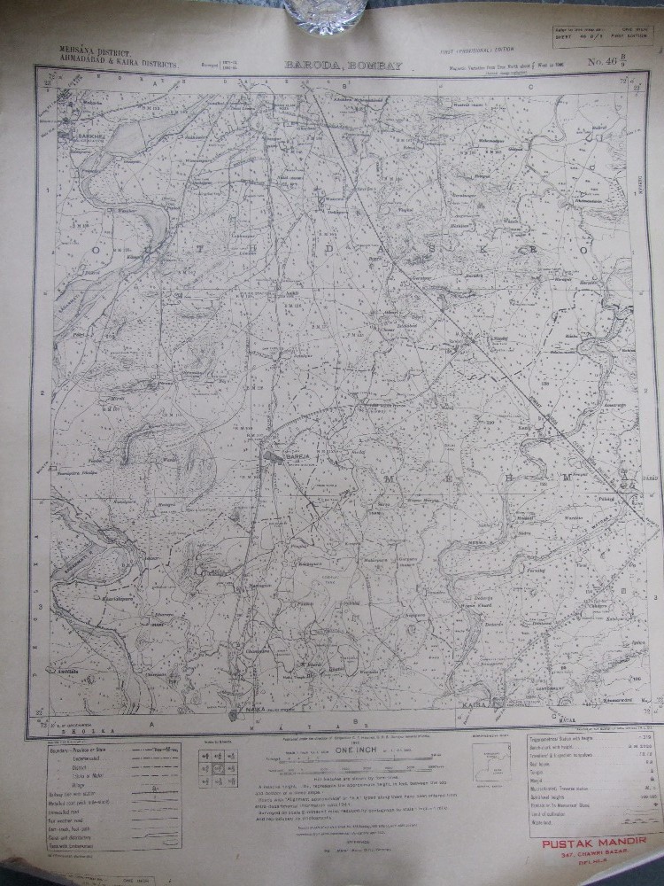 First Edition 'Map of Baroda, Bombay,Mehsana District, Ahmadabad and Kaira Districts', surveyed