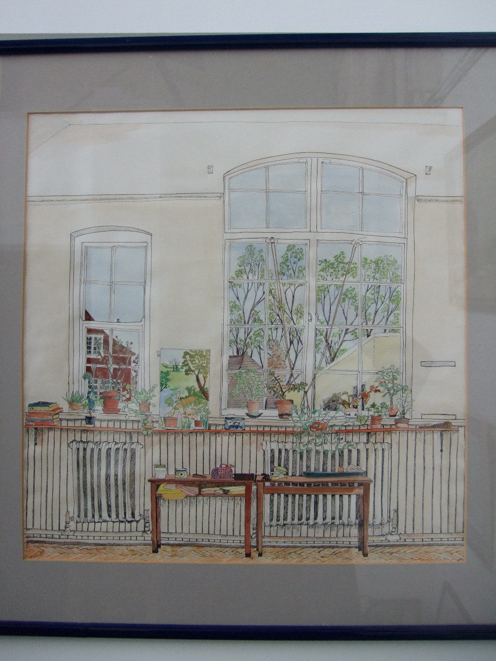 A hand coloured print of an original pen and ink sketch, framed, mounted and glazed,  indistinctly