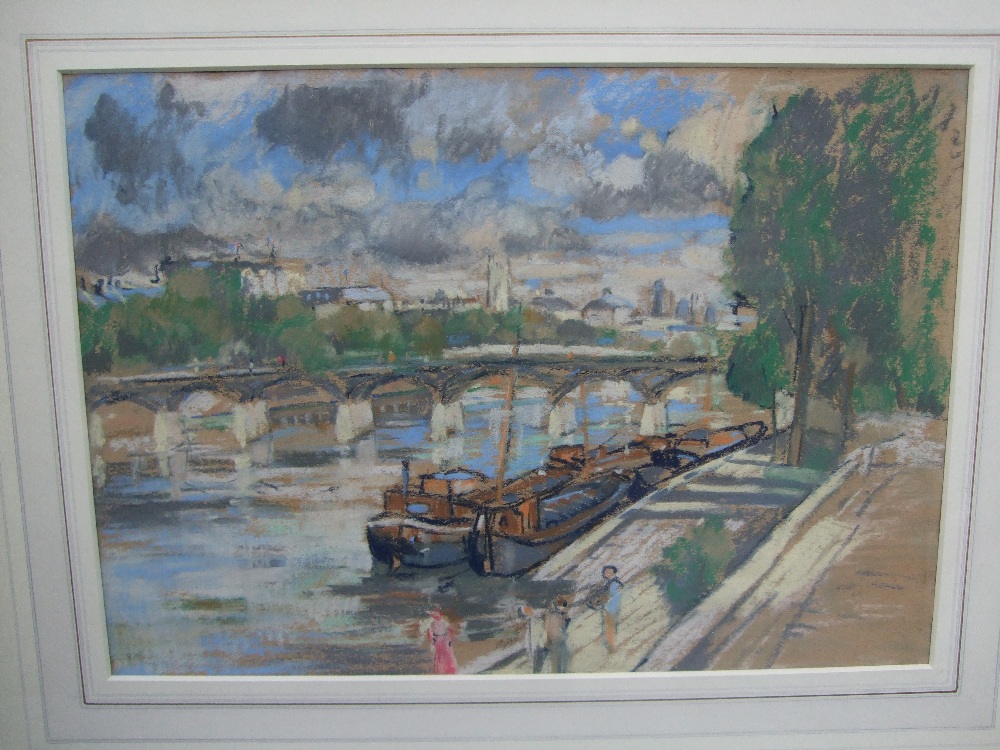 French School, Canal boats on the Seine, pastel on paper, framed, mounted and glazed, 36 x 26cm.