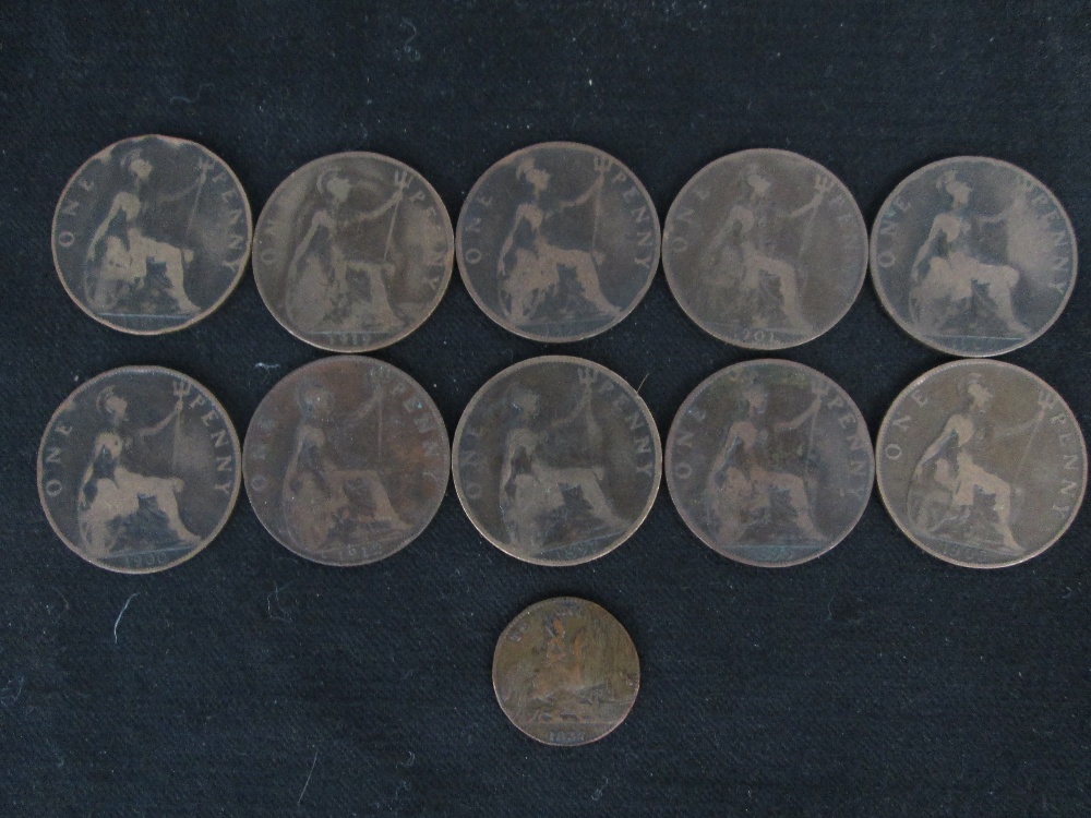 Ten copper pennies, Victoria, Edward VII, and George V, together with a 1837 /1849 'To hannover'