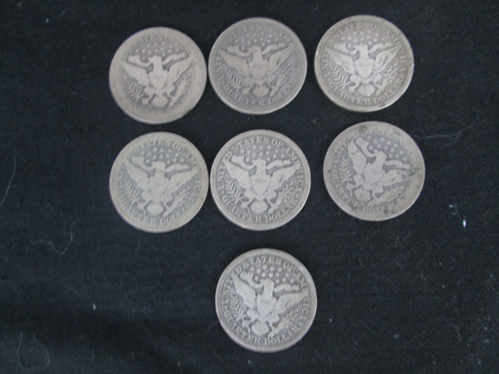 Seven USA Barber silver quarter dollars, 1892, 1893, 1894, 1895, 1897 o, 1898, 1899, all fine but