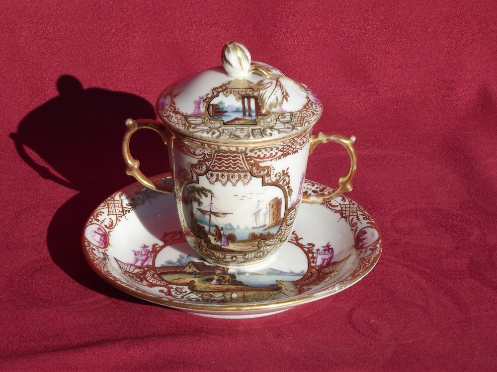 A 19th Century Dresden chocolate cup, cover and saucer,  AF