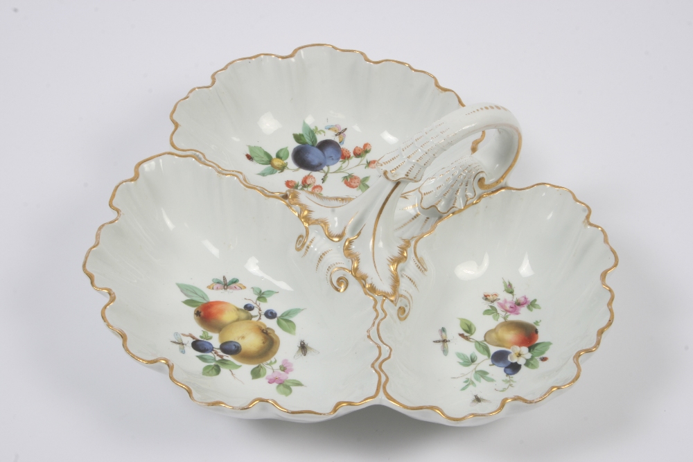 A three division Meissen hors d'oeuvre dish, having painted decoration of fruit and insects,