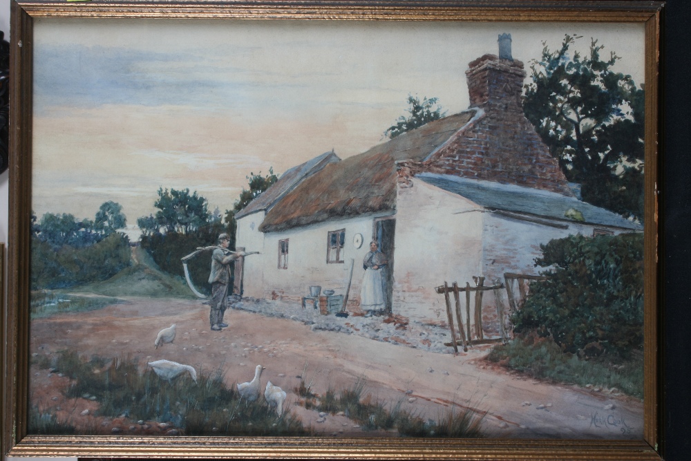 Mark Cook, study of figures and geese outside a country cottage, signed watercolour, dated '95, 37.